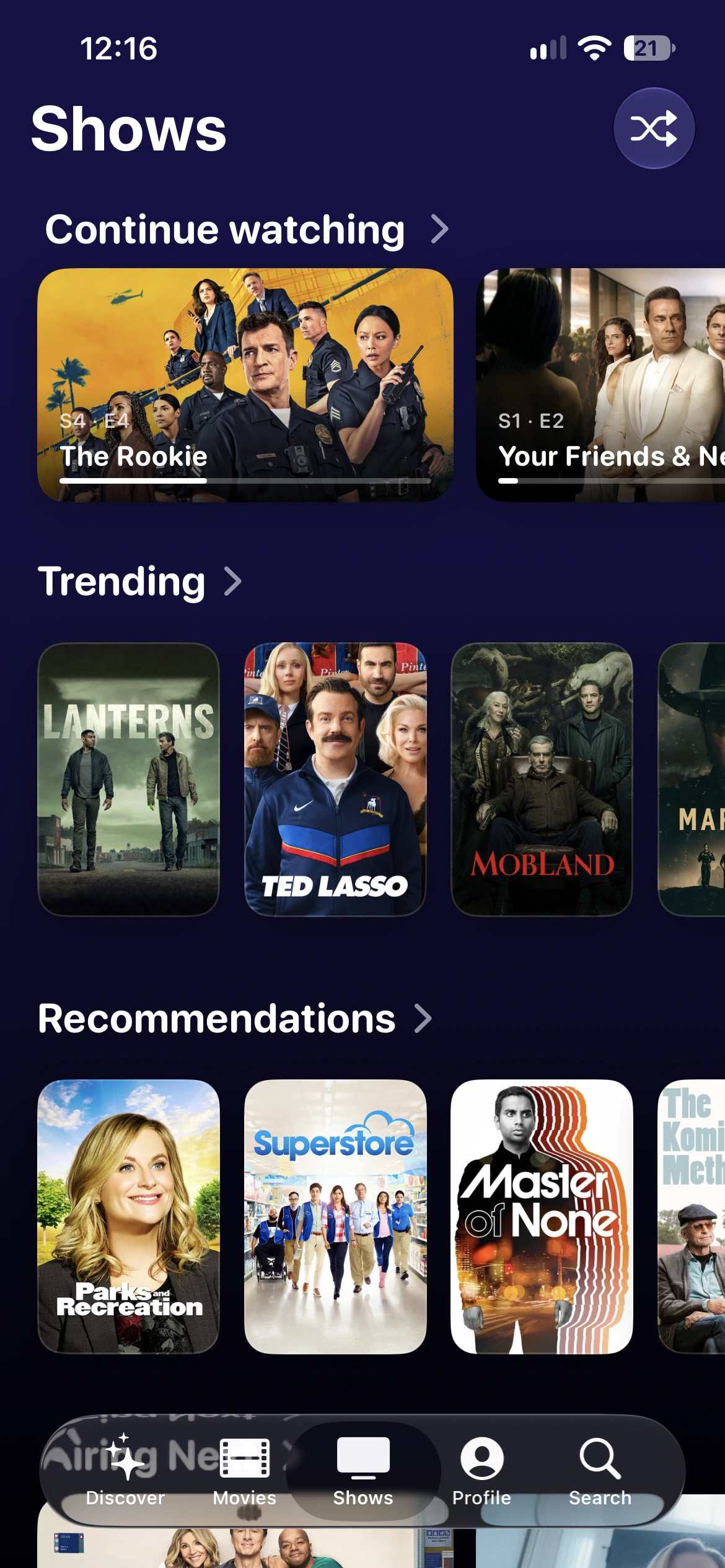 La section « Continuer à regarder » de Watchin sur iPhone