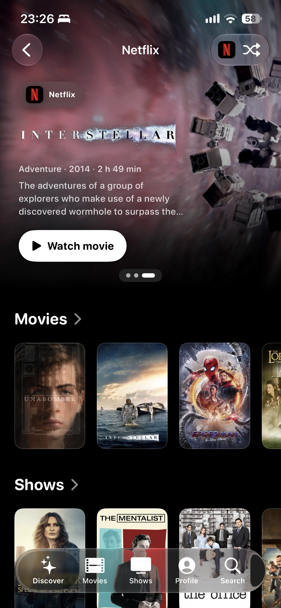 La page d’un service de streaming dans Watchin, avec ses films et ses séries